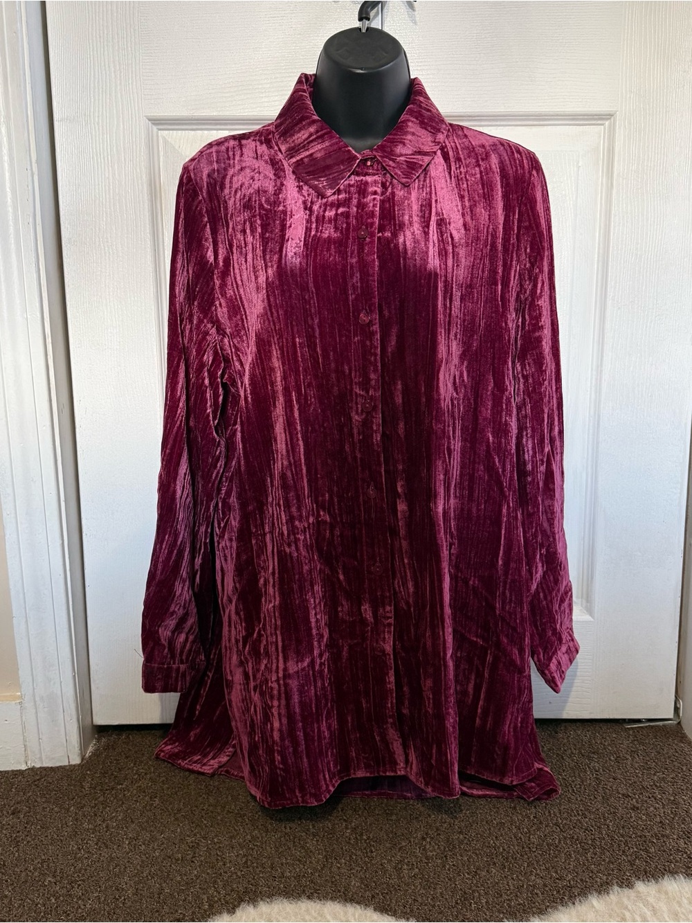 Velvet Button-Front Longline Jacket - Burgundy